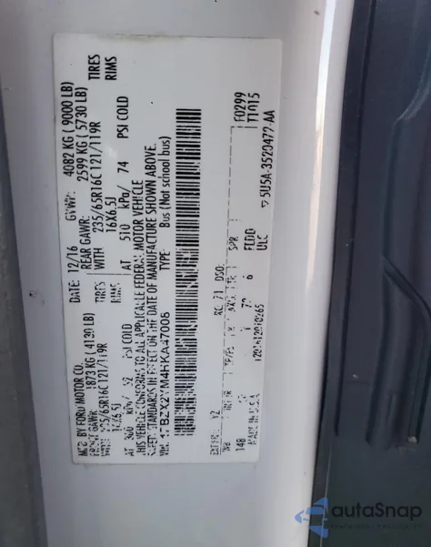 2017 Ford Transit T-350 from USA, damaged, VIN 1FBZX2YM4HKA7008